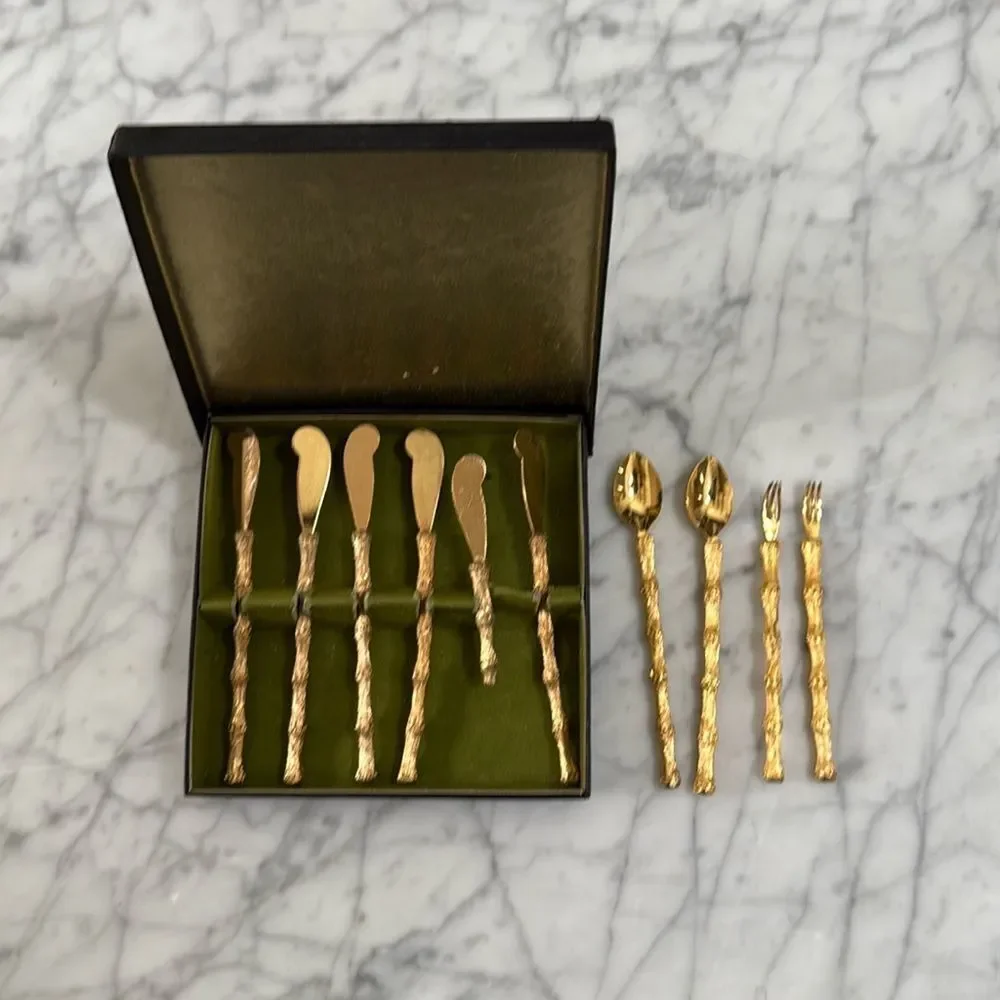 1950s Gold 24K Plated H'ordourvers Appetizer Cocktail Forks- Set of 10